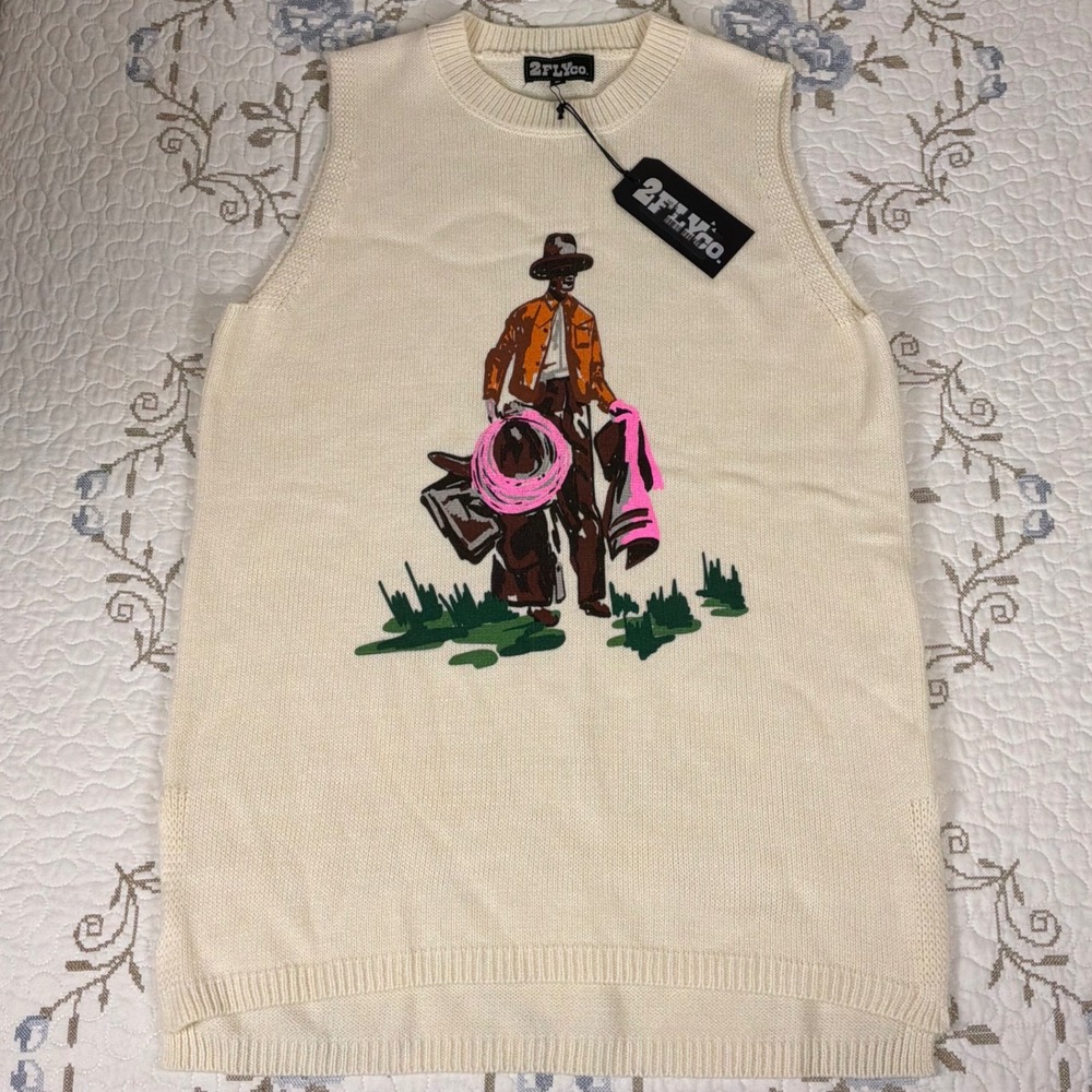 2FlyCo Sweater Vest Adult Small Cream New Western Cowboy Graphic Knit